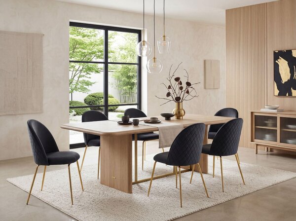 FineBuy Design – jídelní židle, černý samet, sada 2 ks s prošíváním, moderní kuchyňská židle, jídelní židle se zlatými nohami, pohodlné čalouněné kuchyňské židle