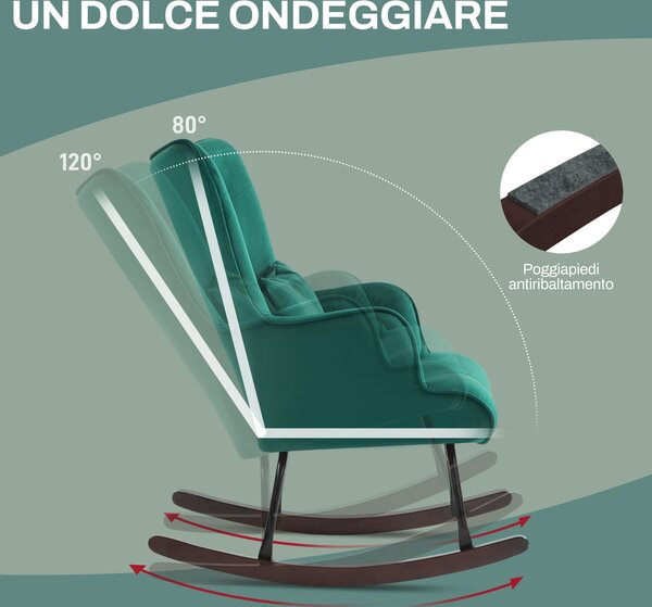 HOMCOM Sametové Houpací Křeslo s Vysokým Opěradlem, Houpací Křeslo s Polštářem a Loketními Opěrkami do Obývacího Pokoje a Ložnice, Zelené | Aosom
