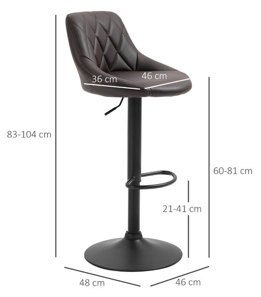 HOMCOM Sada 2 Barových Židlí, Nastavitelná Výška s Kovovou Základnou a Umělou Kůží, Moderní Židle s Opěrkou a Podnožkou, 46x48x83-104 cm, Hnědá a Čern