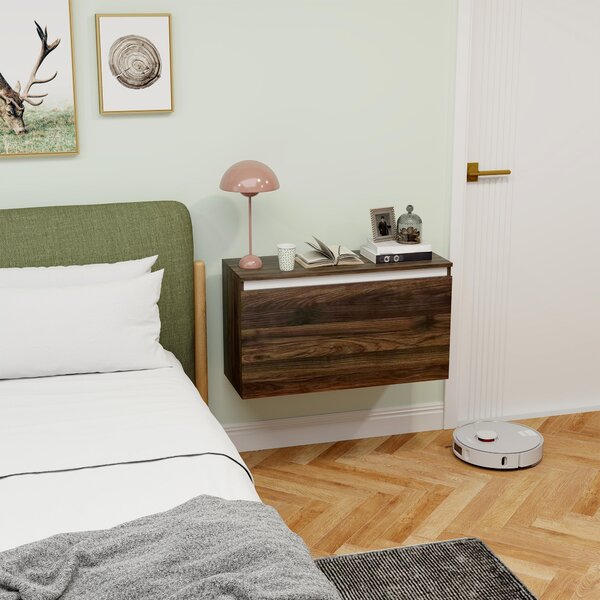HOMCOM Nástěnný Noční Stolek s Bezúchytkovým Šuplíkem, Moderní Dřevěný Nástěnný Stolek do Ložnice, 80x30x45 cm, Ořech | Aosom
