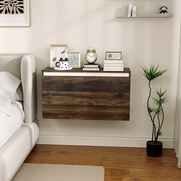 HOMCOM Nástěnný Noční Stolek s Bezúchytkovým Šuplíkem, Moderní Dřevěný Nástěnný Stolek do Ložnice, 80x30x45 cm, Ořech | Aosom