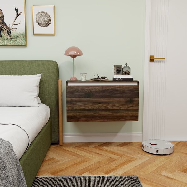 HOMCOM Nástěnný Noční Stolek s Bezúchytkovým Šuplíkem, Moderní Dřevěný Nástěnný Stolek do Ložnice, 80x30x45 cm, Ořech | Aosom