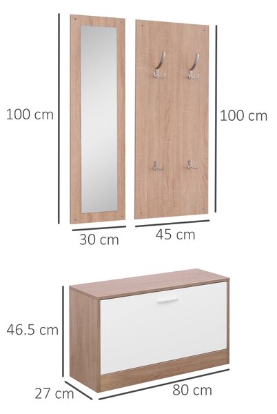 HOMCOM 3-dílná souprava nábytku na předsíň s botníkem, nástěnným věšákem a zrcadlem, dřevěná skříň pro ložnici a předsíň, 80x27x46,5 cm v dřevěné barv