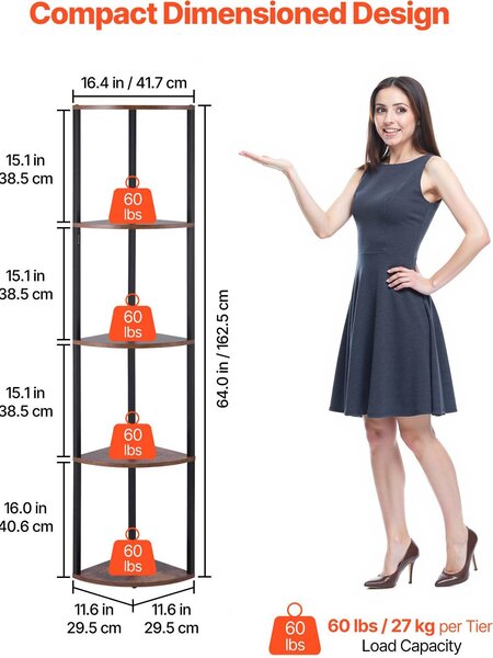 SucceBuy rohový regál s 5 úrovněmi, moderní regál s LED osvětlením, úložný a výstavní regál s robustním kovovým rámem a dřevěnými policemi, univerzální pro ložnici, obývací pokoj nebo kancelář v hnědé barvě