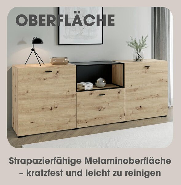 ByLIVING FRAME příborník / Řemeslný dubový vzhled / Komora s kovovým rámem a skleněnou policí, nastavitelné police / Příborník / Komoda / Rozměry: š 200, v 75,5, hl 37,5 cm