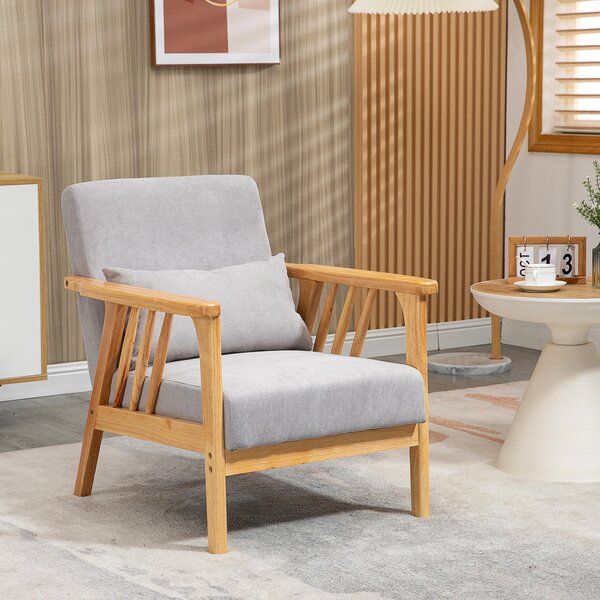 HOMCOM Moderní Křeslo s Sametovým Potahem a Dřevěným Rámem, Křeslo do Ložnice a Obývacího Pokoj s Extra Polštářem, 68x75x78cm, Šedé | Aosom