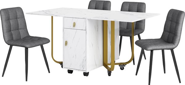 Jídelní souprava Fortuna Lai (sada, jídelní stůl 150 × 80 × 76 cm se 4 židlemi), skládací kuchyňský stůl, lněná jídelní židle, čalouněná designová židle s opěrkou, deska stolu z MDF v bílé barvě, černé nohy stolu