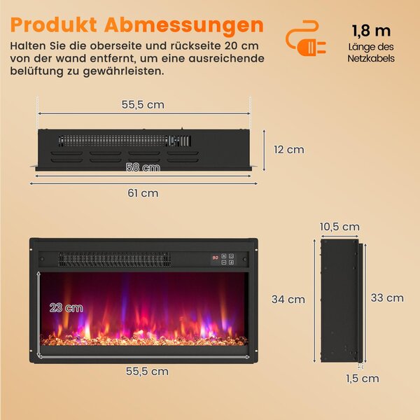 COSTWAY elektrický krb 1500W s ohřevem, 17-32℃ termostat vestavěný krb nástěnný krb s dálkovým ovládáním, časovač, nastavitelný 3D efekt plamene 60,7x11,7x34cm