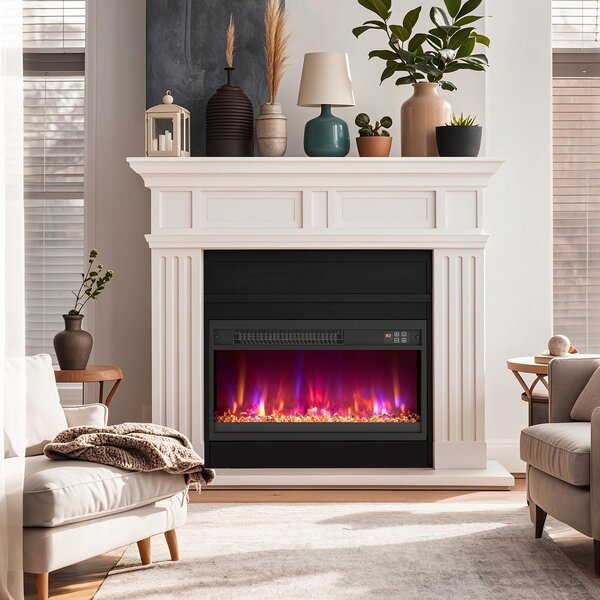 COSTWAY elektrický krb 1500W s ohřevem, 17-32℃ termostat vestavěný krb nástěnný krb s dálkovým ovládáním, časovač, nastavitelný 3D efekt plamene 60,7x11,7x34cm