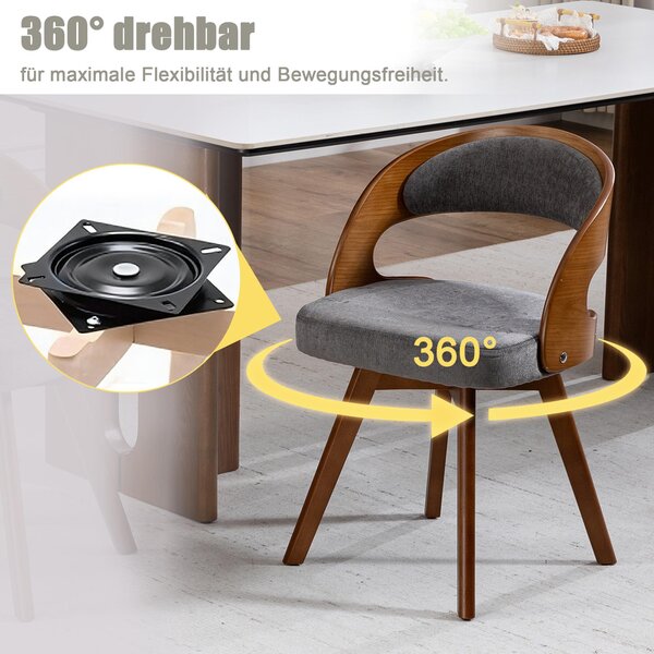 LVHOM, sada 2 ks otočných jídelních židlí (360°), čalouněné židle ve skandinávském stylu s bukovými nohami, ergonomické kuchyňské židle, šedé