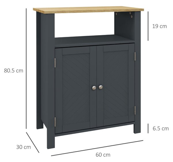 Kleankin Koupelnová Skříňka se 3 Policemi z MDF a Dřevotřísky s Nastavitelnou Poličkou a 2 Vysoko Postavenými Dveřmi, 60x30x80,5 cm, Šedá a Dřevěná Ba