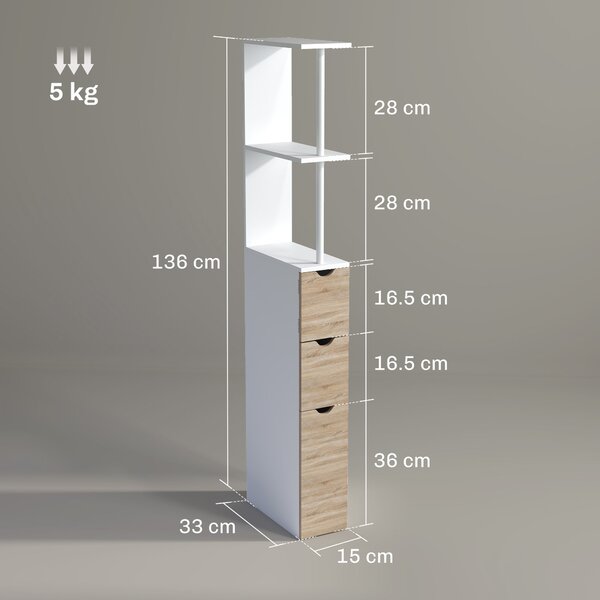 HOMCOM Koupelnový sloupec, úsporná dřevěná koupelnová skříňka, skříň s policemi a zásuvkami, 15x33x136 cm, dřevěná barva | Aosom