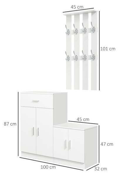 HOMCOM Botník s kombinovaným věšákem na kabáty pro předsíň a ložnici, dřevo 100x32x187cm bílý | Aosom