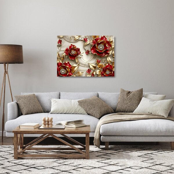 Skleněný obraz - 3D Červeno-zlaté květy (70x50 cm)