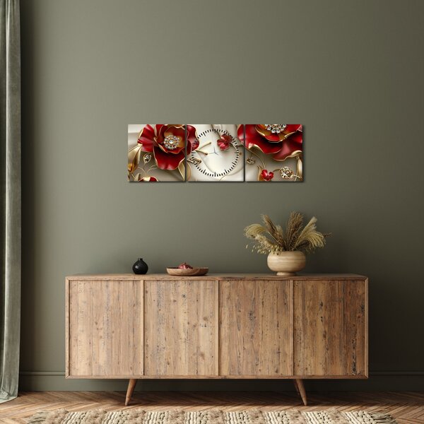 Obraz - 3D Červeno-zlaté květy (s hodinami) (90x30 cm)
