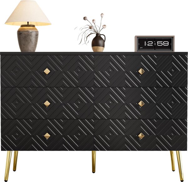 Fortuna Lai Moderní komoda se 6 zásuvkami – 120 x 40 x 80 cm – Elegantní černá barva se zlatými detaily – Kovové nohy pro větší stabilitu – Ideální do ložnice i obývacího pokoje