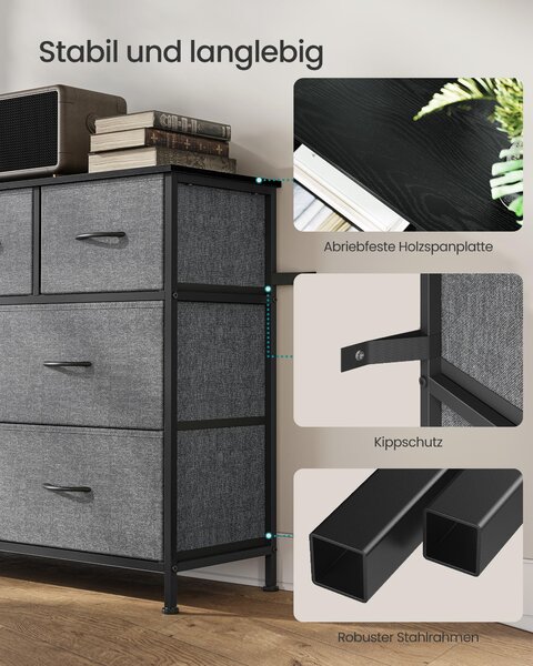 SONGMICS komoda, skříň, 7 látkových zásuvek, do ložnice, předsíně, obývacího pokoje, šedá