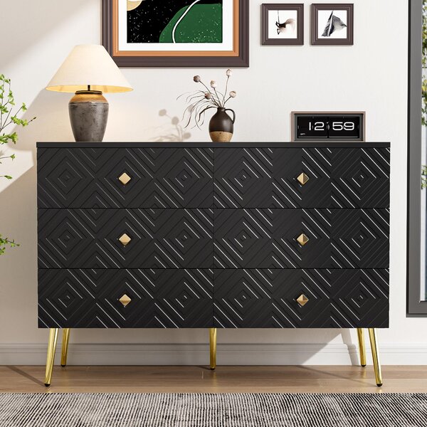 Fortuna Lai Moderní komoda se 6 zásuvkami – 120 x 40 x 80 cm – Elegantní černá barva se zlatými detaily – Kovové nohy pro větší stabilitu – Ideální do ložnice i obývacího pokoje