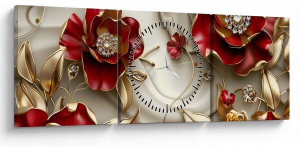 Obraz - 3D Červeno-zlaté květy (s hodinami) (90x30 cm)