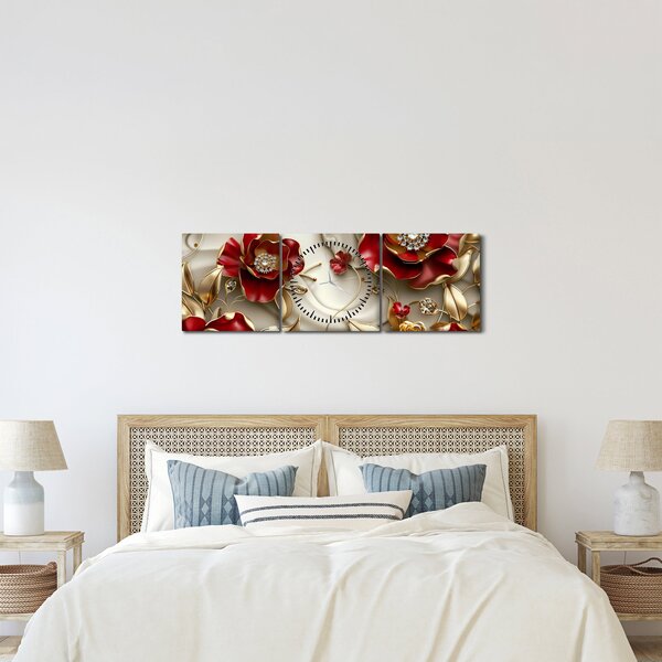 Obraz - 3D Červeno-zlaté květy (s hodinami) (90x30 cm)