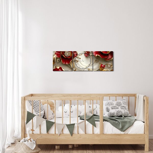 Obraz - 3D Červeno-zlaté květy (s hodinami) (90x30 cm)