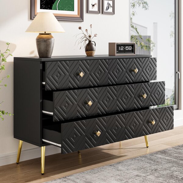Fortuna Lai Moderní komoda se 6 zásuvkami – 120 x 40 x 80 cm – Elegantní černá barva se zlatými detaily – Kovové nohy pro větší stabilitu – Ideální do ložnice i obývacího pokoje