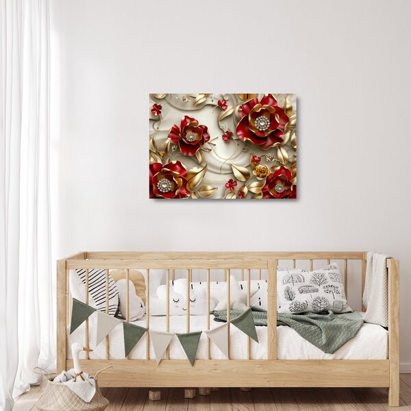 Skleněný obraz - 3D Červeno-zlaté květy (70x50 cm)