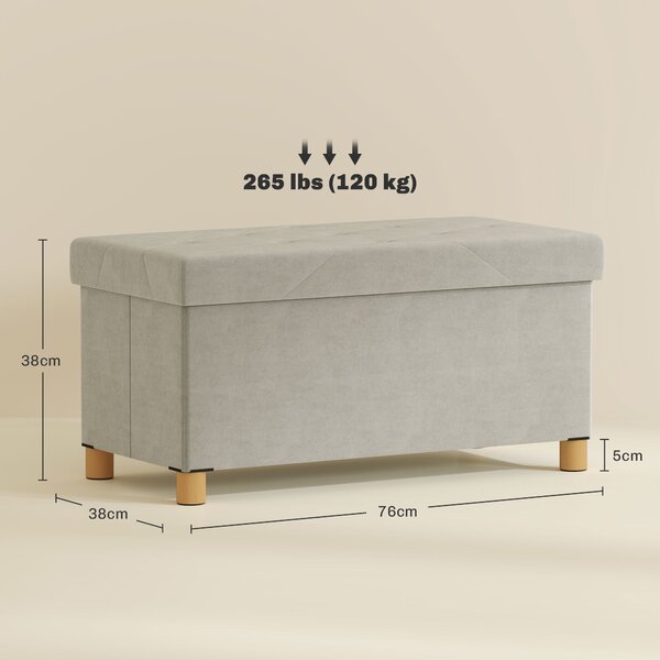 HOMCOM Skládací úložný taburet 67L, taburet s polstrovaným víkem a sametovým potahem, 76x38x38cm, krémově bílý | Aosom