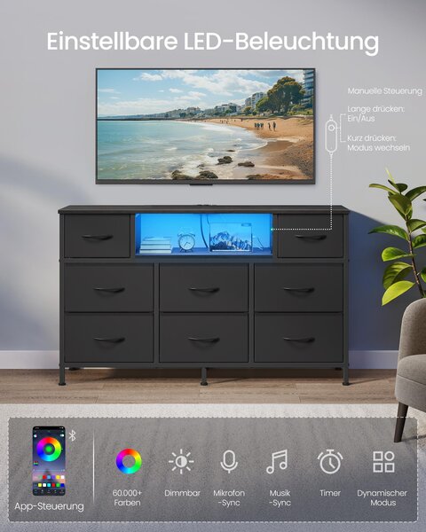 SONGMICS Komoda s 8 zásuvkami z látky, televizní stolek s LED osvětlením a zásuvkami, rozměry 113,8 x 30 x 68,1 cm, černá barva