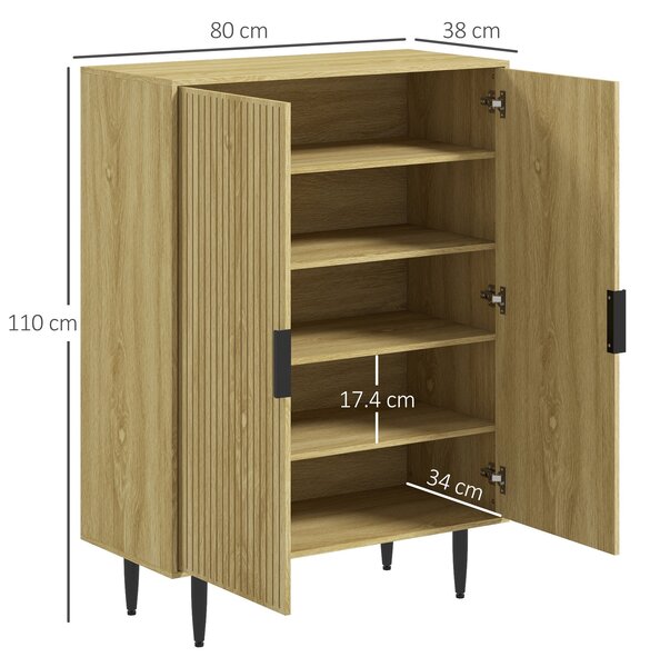 HOMCOM Úložný regál na obuv na 15 párů bot, regál do předsíně s 4 nastavitelnými policemi a kovovými nohami, 80x38x110cm, Dub | Aosom