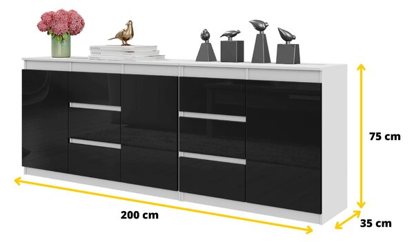 Komoda MIKEL Bílá Mat / Černý Lesk - Velká Komoda se 6 Zásuvkami a 3 Dvířky, Sestava Komod Š200 x V75 x H35 cm
