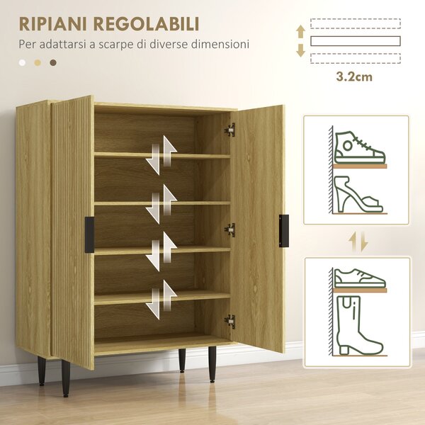 HOMCOM Úložný regál na obuv na 15 párů bot, regál do předsíně s 4 nastavitelnými policemi a kovovými nohami, 80x38x110cm, Dub | Aosom