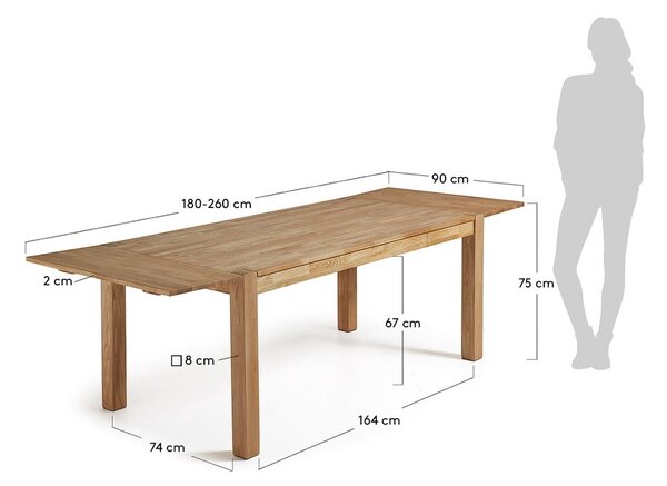 Jídelní rozkládací stůl z dubového dřeva Kave Home, 180 x 90 cm