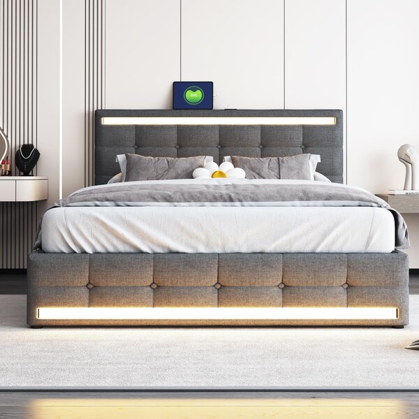 Čalouněná postel 140 x 200 cm (šedé plátno): 4 zásuvky + 2 USB porty, LED osvětlená hlavová a nožní část, odkládací plocha