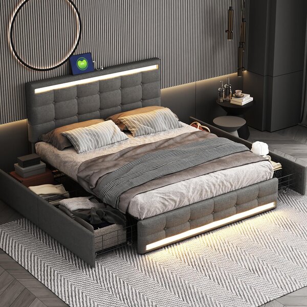 Čalouněná postel 140 x 200 cm (šedé plátno): 4 zásuvky + 2 USB porty, LED osvětlená hlavová a nožní část, odkládací plocha