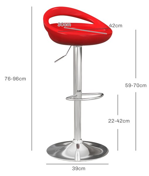 HOMCOM Sada 2 vysokých barových židlí, 360° otočné židle s opěrkou a opěrkou nohou, nastavitelná výška, ocelová základna, ideální do jídelny a kuchyně