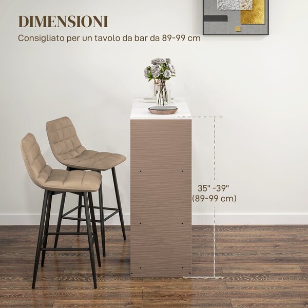 HOMCOM Sada 2 vysokých barových stoliček v nordickém stylu s opěradlem a podnožkou, látka s efektem sametu a kovové stoličky, 45x47x84 cm, hnědá | Aos
