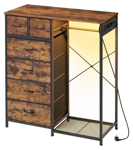 SONGMICS, stojan na oblečení se 6 zásuvkami, LED osvětlením, zásuvkami a úložným prostorem na boty, rozměry 102,7 x 35 x 117,6 cm, barva: hnědá