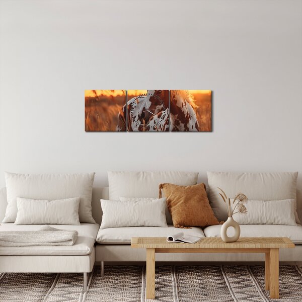 Obraz - Kůň při západu slunce (s hodinami) (90x30 cm)