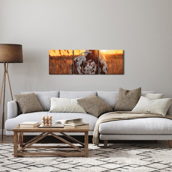 Obraz - Kůň při západu slunce (s hodinami) (90x30 cm)