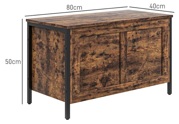 HOMCOM 95L Úložný box v průmyslovém stylu s bezpečnostním víkem, víceúčelová lavice do obývacího pokoje a předsíně, 80x40x49cm, rustikální hnědá | Aos
