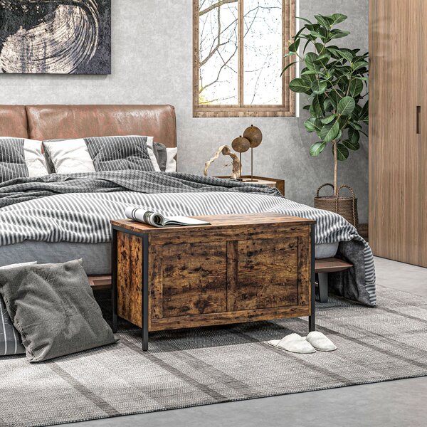HOMCOM 95L Úložný box v průmyslovém stylu s bezpečnostním víkem, víceúčelová lavice do obývacího pokoje a předsíně, 80x40x49cm, rustikální hnědá | Aos