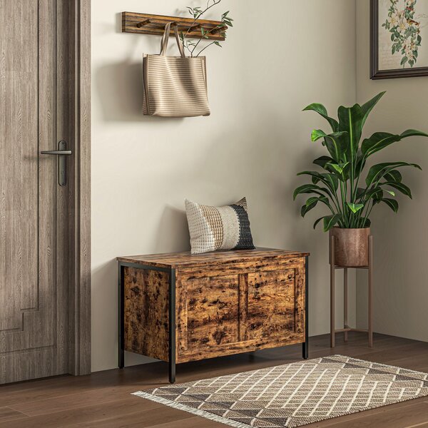 HOMCOM 95L Úložný box v průmyslovém stylu s bezpečnostním víkem, víceúčelová lavice do obývacího pokoje a předsíně, 80x40x49cm, rustikální hnědá | Aos