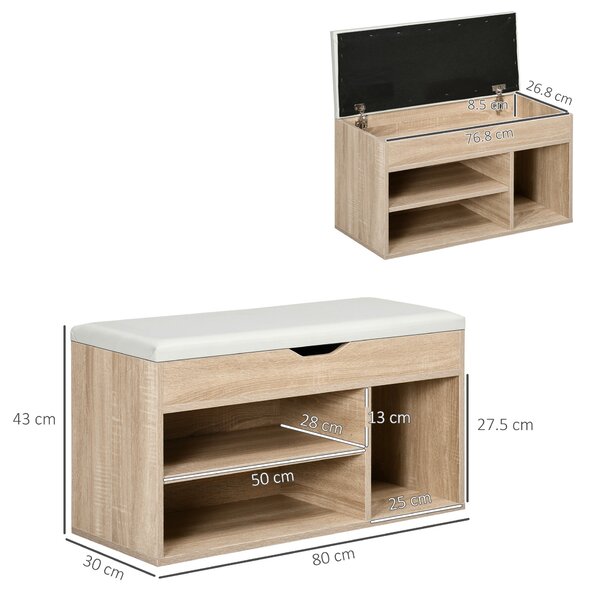 HOMCOM Úsporný čalouněný botník s uložením, botník se 3 přihrádkami, sedák z PU kůže, pro obývací pokoj a chodbu, 80x30x43 cm, dřevěná barva | Aosom