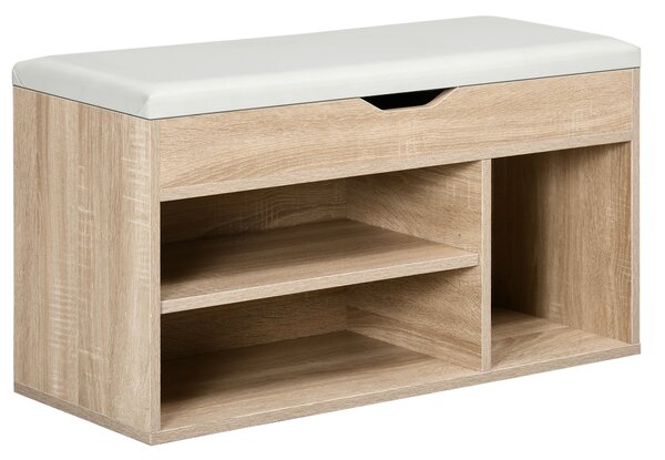 HOMCOM Úsporný čalouněný botník s uložením, botník se 3 přihrádkami, sedák z PU kůže, pro obývací pokoj a chodbu, 80x30x43 cm, dřevěná barva | Aosom