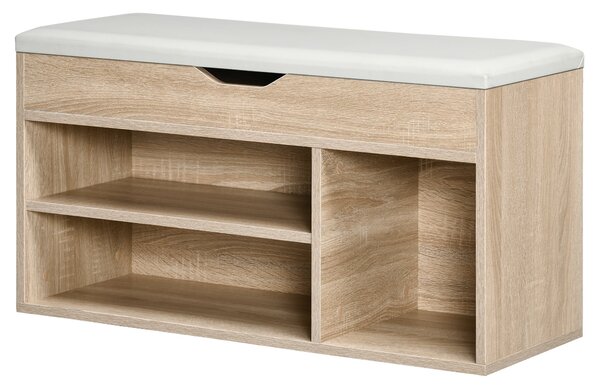 HOMCOM Úsporný čalouněný botník s uložením, botník se 3 přihrádkami, sedák z PU kůže, pro obývací pokoj a chodbu, 80x30x43 cm, dřevěná barva | Aosom