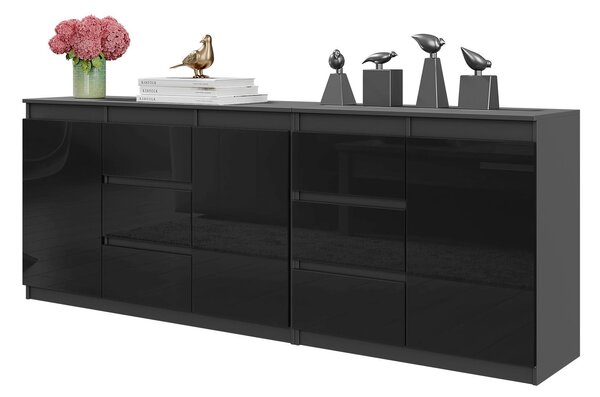 Komoda MIKEL Antracit / Černý Lesk - Velká Komoda se 6 Zásuvkami a 3 Dvířky, Sestava Komod Š200 x V75 x H35 cm