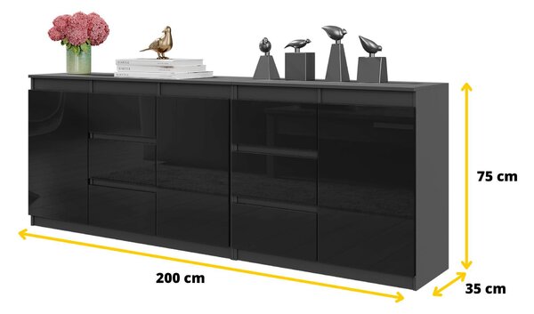 Komoda MIKEL Antracit / Černý Lesk - Velká Komoda se 6 Zásuvkami a 3 Dvířky, Sestava Komod Š200 x V75 x H35 cm