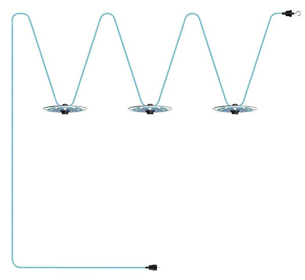 Creative cables Světelný řetěz LUMET 'maioliche', textilní kabel od 10m délky, 3x objímky a stínidla, háček a zástrčka Barva: Bílo-modrá
