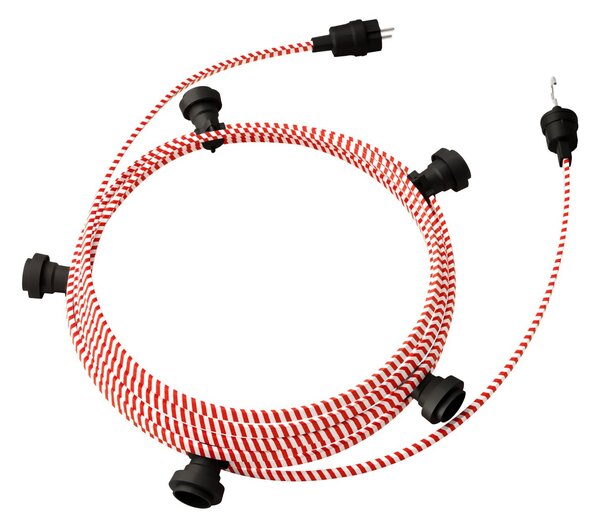 Creative cables Hotový světelný řetěz LUMET 7,5 m je sestavený z 5 černých objímek, háčku a zástrčky Barva kabelu: Červeno-bílá - ECM39
